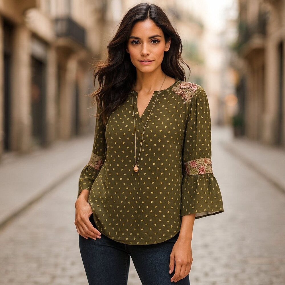 Chico's Olive Green Polka Dot Jacquard Boho Bell Sleeve Peasant Tunic Top